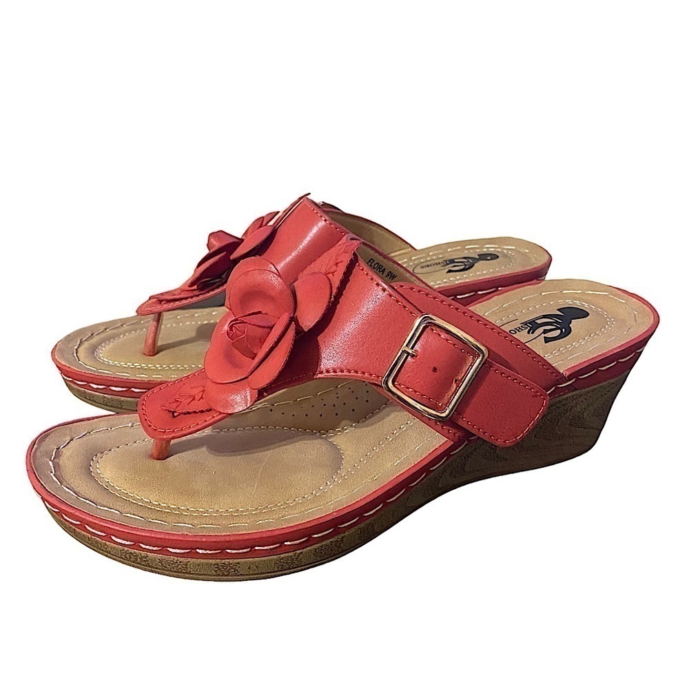 GC Sydney Rosette Padded Thong Wedge Sandals, Women’s 9W Coral NWOT - Picture 4 of 13